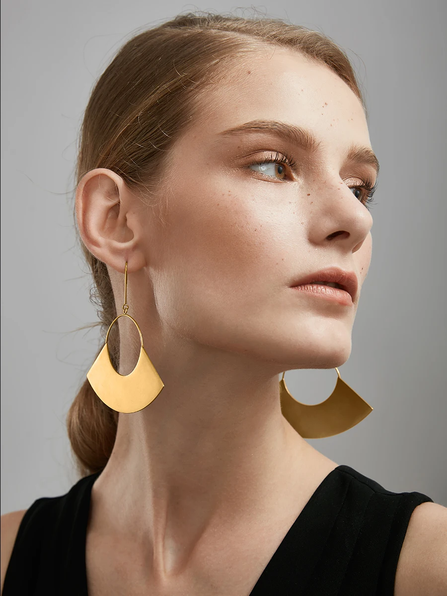 Enfashion Jewelry Geometric Big Fan Earrings Matte Gold color Stainless steel Long Drop Earrings For Women Earings EB171040