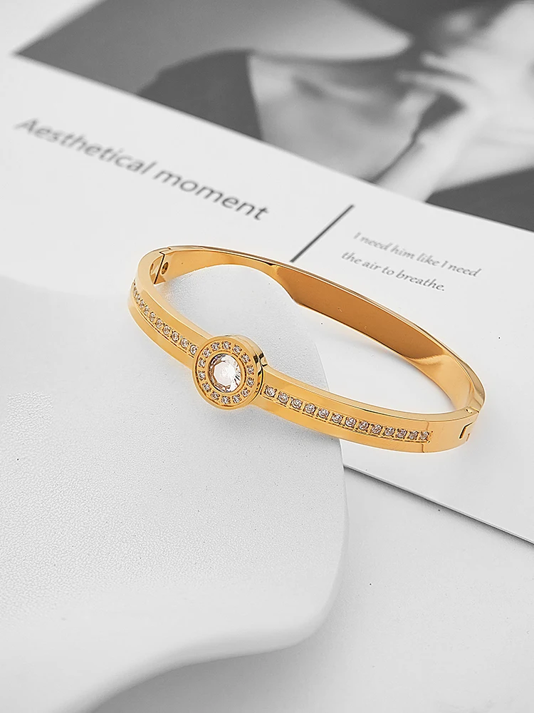 ENFASHION Pulseras Round With Zircon Bangle Gold Color Stainless Steel Fashion Cute Elegant Simple Jewelry For Women B232339