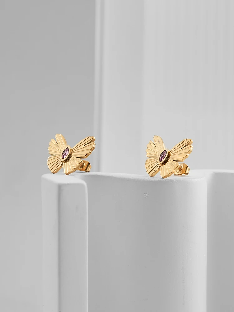 ENFASHION Animal Series Butterfly Stud Earrings For Women's Stainless steel 18K Gold Plated With Zircon Fashion Jewelry E221426